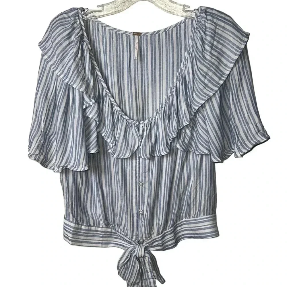 0387. FREE‎ PEOPLE THE ROSEMARY TOP RUFFLES AND TIE FULLY BUTTON SIZE LARGE